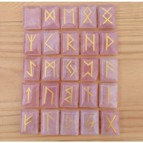 Wholesale Natural Stone rose pink crystal Viking Runes Amulet Set Reiki Healing Divination Tumbled rectangle Stones 25pcs
