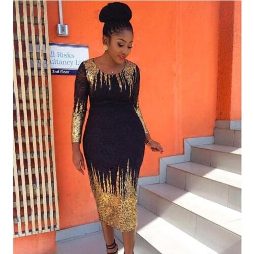 Autumn New African Womens Hot Gold Bubble Cotton Slim Long Sleeve Dress Black Round Neck Long Sleeve Fashion Slim Dress