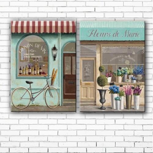 Pastoral bicycle flower shop house scenery canvas printings oil painting printed on canvas home room wall art decoration picture