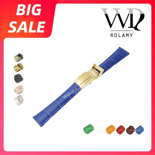 Rolamy 20mm TOP Quality Blue Green Leather VINTAGE Luxury Wrist Watch Band Strap Clasp For Rolex DAYTONA SUBMARINER OYSTER GMT