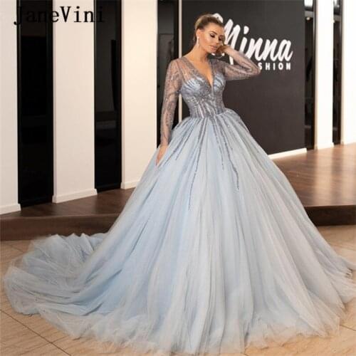 JaneVini Luxury Arabic Long Sleeves Quinceanera Dresses 2020 Puffy Ball Gown Deep V Neck Crystal Beaded Tulle Pageant Prom Gowns