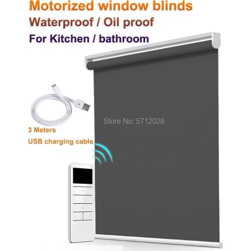 Waterproof Fabric Motorized window blinds Rechargeable Motor Electric Roller Shade with Motor and Remote for Kitchen / bathroom
