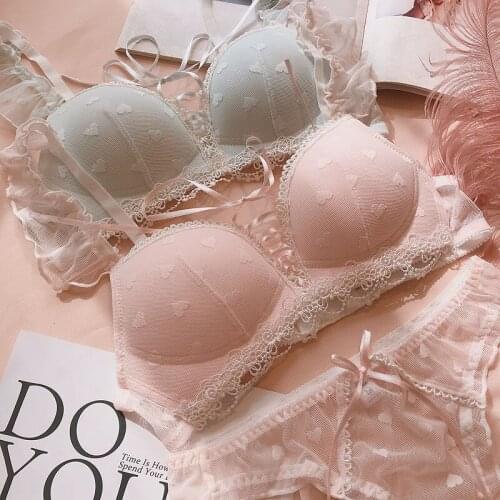 Japanese Sexy Bra Set Kawaii Cute Beautiful Underwear Pink Blue Lace Push Up Lingerie Bras and Panty Sets for Women Intimates