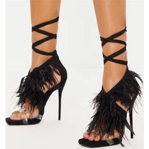 PVC Feather T-Straps HEELS Women Shoes Peep Toe High Heels Sandals Summer Party Shoes Cross Strap Lace-up Sandals Pumps