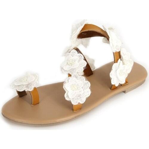2021 New Summer Ladies Shoes Women Sandals White Flowers Flat Sandals Women Bohemian Casual Beach Shoes for Woman 42 43 WSH3390