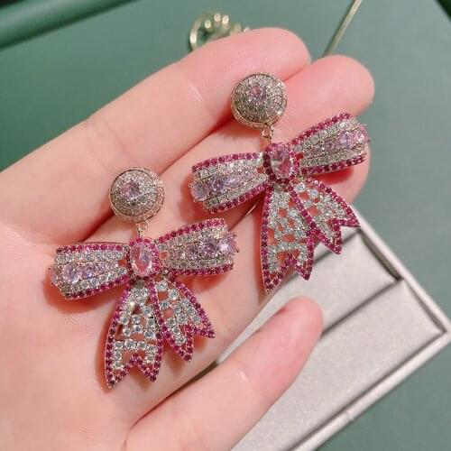 925 Silver Needle Copper Plated 0.05um14k Gold Micro-Inlaid AAA Zircon Two-Tone Pink Zirconium Bow Earrings For Women