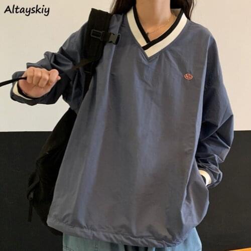 Sweatshirts Women V-neck Patchwork Preppy Embroidery Japanese Style Loose All-match Leisure Female Clothing Simple Harajuku Chic