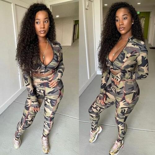 Camouflage Print Casual Two Piece Pant Suits for Women Zipper Up Full Sleeve Crop Top and Pencil Legging Fashion Club Outfits