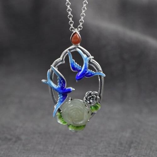 Real S925 Pure Silver Jewelry Vintage Red Agate/hetian jade peony woman pendant female cloisonne swallow pendant