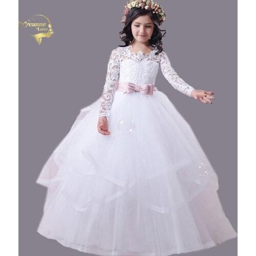 Robe demoiselle d'honneur fille First Communion Gift Glitz Pageant Dresses Long Sleeves With Bow and Buttons Girls Formal Dress
