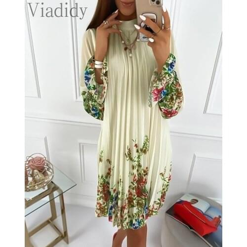 Women Round Neck Print Long Sleeve Pleated Midi Dress