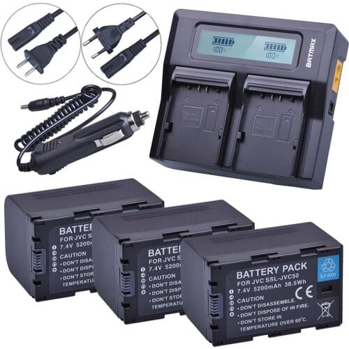 3Pcs 5200mAh SSLJVC50 SSL-JVC50 JVC50 Battery + LCD Rapid Dual Charger for JVC GY-HM600 GY-HM650 GY-LS300 GY-HMQ10 Camcorders