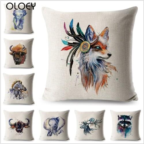 Watercolor Fox Elephant Cushion Cover Decorative Colorful Deer Cartoon Animals Pillowcase for Sofa Home Polyester Pillow Case