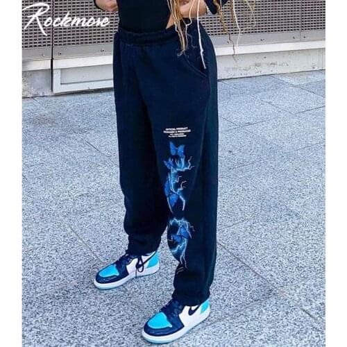 Rockmore Gothic Butterfly Lightning Print Sweatpants Women Casual Baggy Sports Joggers High Waisted Trousers Black Cargo Pants