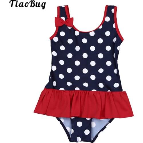Kids Girls One-piece Swimsuit Sleeveless Polka Dots Ruffles Swimwear O-neck Bowknot Swimming Bathing Bodysuit