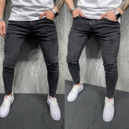 Black Hole Denim Jeans Men Skinny Solid Color Slim Washed Ripped Vintage Full Length High Street Pencil Pants Four Seasons Male