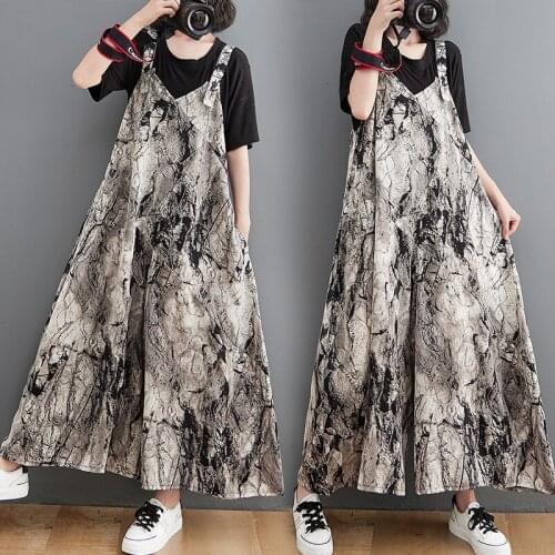 Summer 2021 Ink Printing Casual One-Piece Suspender Pants A-Line Wide Leg Pants Crotch Long Jumpsuits