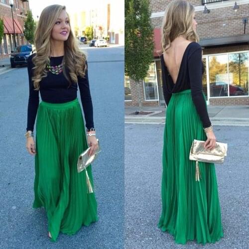Pretty Green Pleated Skirt Zipper Waist A Line Floor Length Maxi Skirt Long Chiffon Skirt