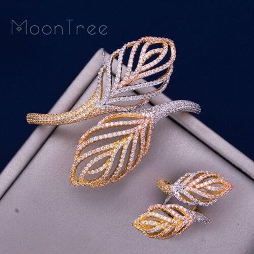 ModemAngel Luxury leaves Rhinestones Wedding Jewelry Sets Cubic Zircon Three Color Copper Feathe Shape Bracelets Bangle Ring