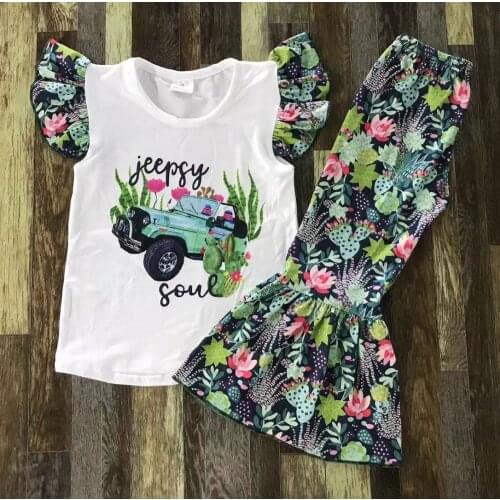 Fashion Baby girl Boutique truck lace top western cactus bell bottom set