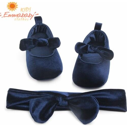 Newborn Baby Infant Girl Crib Gold Velvet Shoes Princess 2Pcs Soft Sole Prewalkers Anti-slip Sneakers Pram Headband Solid