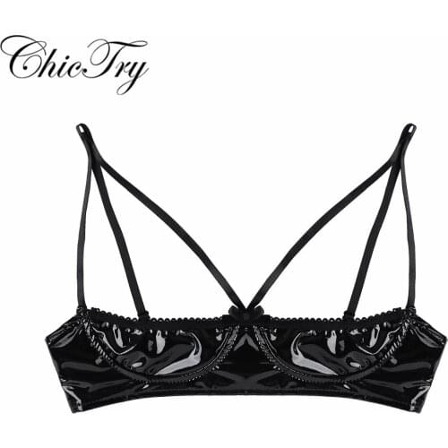 Sexy Female Women Black Soft Sheer Adjustable Spaghetti Straps Lingerie Faux Leather Wire-free Unlined Bra for Nightwear Clothes
