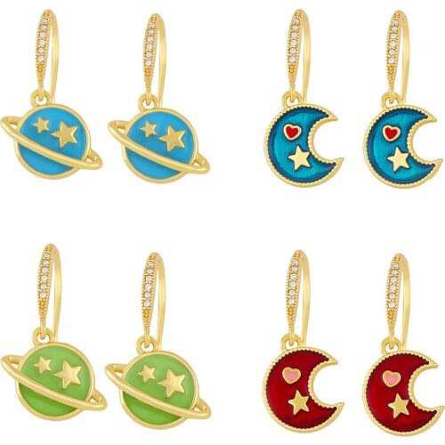 FLOLA Copper Zircon Moon Planet Earrings White Stone Colorful Gold Enamel Drop Earrings Gift Jewelry For Women ersx64