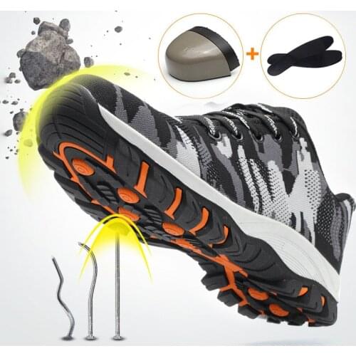 Construction Mens Outdoor Large Size Steel Toe Cap Work Shoes Mens Camouflage Puncture Safety Shoes Breathable Casual Shoes