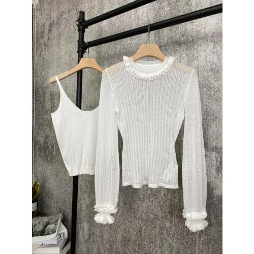 Ladies Knitwear Round 10.40 Neck Flare Sleeve Ruffles Slim Charming Temperament Knitted Camisole Two-piece Set