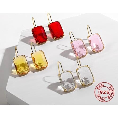 925 Sterling Silver Long Hook Earrings for Women Red/Yellow/Pink/transparent Crystal Geometric Drop Earrings Wedding Jewelry
