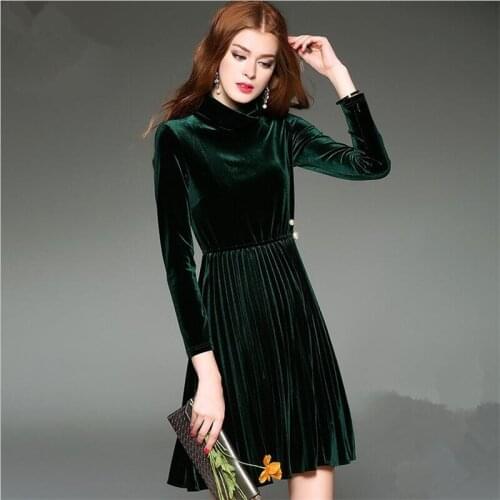 Women Dresses 2020 Autumn Winter Solid Velvet Pleated Slim Vestidos Turtleneck Wrist Sleeve A Line Dress