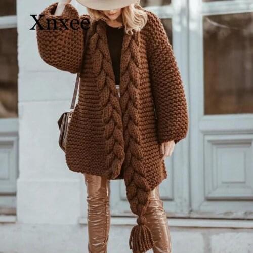 Autumn Winter Long Twist Knitted Cardigan Women Sweater 2020 Casual Tassels Thick Lantern Sleeve Cardigan Outwear