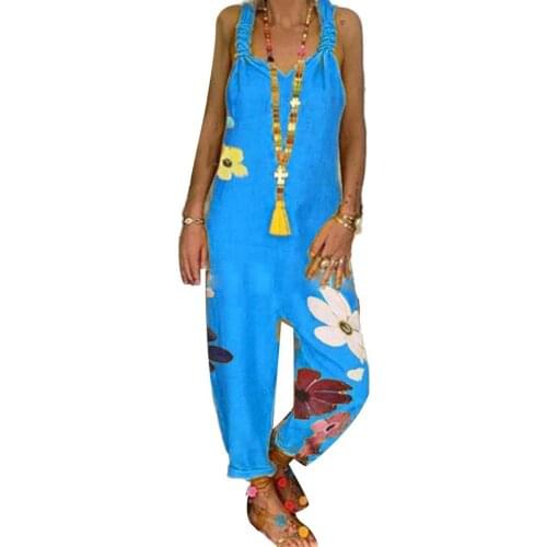 Plus Size 5XLFashion Women Sleeveless Bib Overall Backless Floral Print Loose Jumpsuit Dungarees Fashion New Playsuits Bodysuit