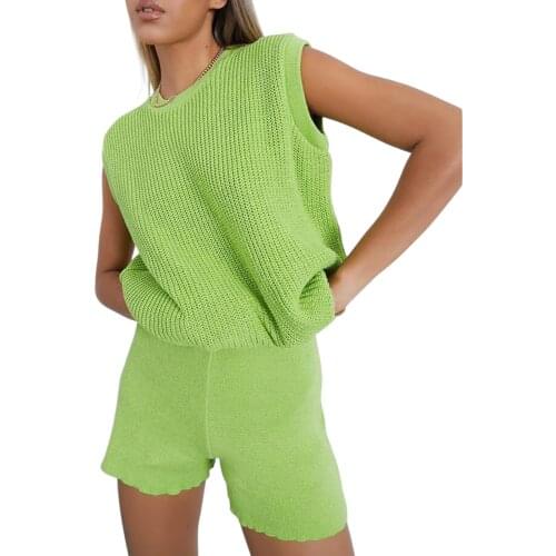 2021 Fashion Women Sport 2Pcs Set Casual Outfit Solid Knit Suit Sleeveless O Neck Vest Tank Top+Shorts Homewear Tracksuit