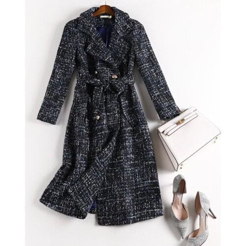 2020 autumn winter women elegant double breasted belt tweed trench coats female plus size knit tweed long outerwear 4XL 5XL Y767