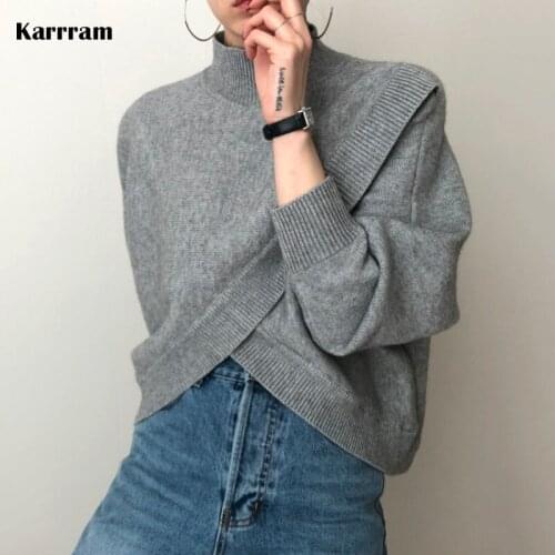Karrram Fashion Half-turtleneck Women Sweater Jumpers 2021 Autumn Winter Knitwear Cross Split Loose Female Knitted Pullovers