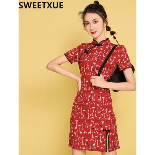 SWEETXUE Female 2021 Retro Improved Cheongsam Young Girl Dress Student Summer Literary Cartoon Dress Women Vestidos