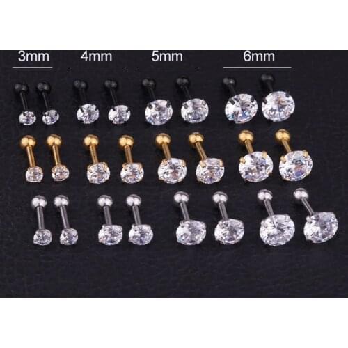 1pcs 3-6mm Stainless Steel Cz Crystal Zircon Ear Stud Earrings Women Men Prong Tragus Barbell Cartilage Helix Piercing Jewelry