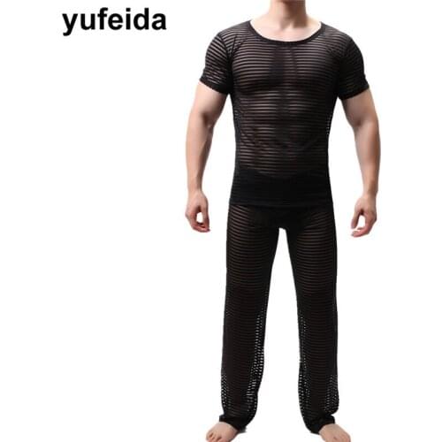 2PCS/Set See Through Loose Casual Long Pants Trousers Mesh Men Undershirts Sexy Men Underwear Slim Tops Pajama Bottoms Costumes