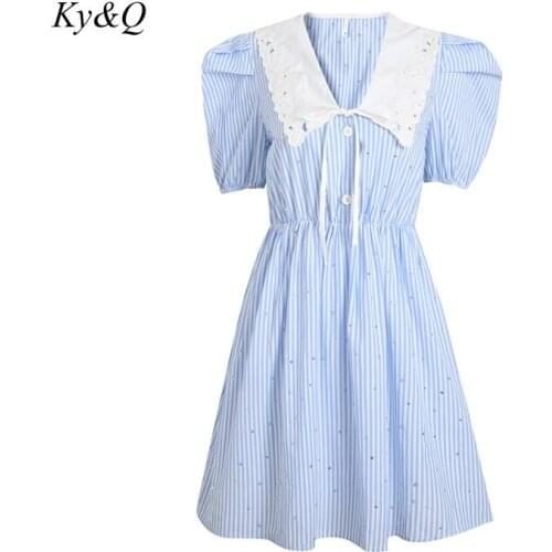 2021 Summer Diamond Embroidered Doll Collar Dress Fashion Bandage Stripe Temperament Bubble Sleeve Gather Waist Dresses