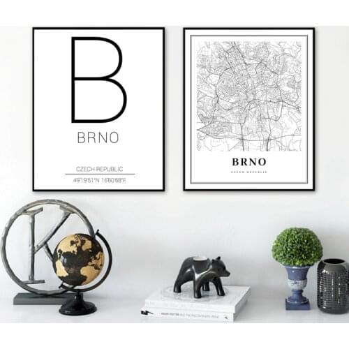 Black White Brno Czech Republic Map Canvas Poster Brno City Coordinate Nordic Wall Art Print Painting Picture Modern Home Decor