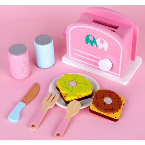 Childrens wooden toy kitchen simulation cooking puzzle game wooden mini bread machine simulation toy breakfast set boy girl gif