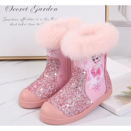 Frozen Elsa Princess Children Boots Shoes Winter Plush Warm Girls Shoes Fashion Leather Soft Fleece Antislip Disney Girls Boots