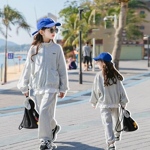 Girls Suits Sweatshirts + Pants 2pcs Kids Cotton Tracksuit 2021 Grey Spring Summer Uniforms Sport Teenagers Outwear Children Set