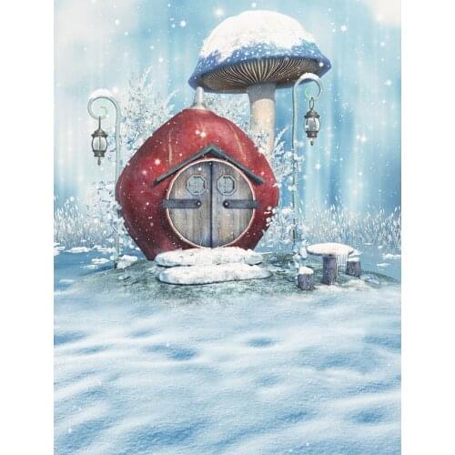 Snow wonderland background photography vinyl cartoon cabin mushroom photo backdrops for kids photo studio kits photophone S-2465
