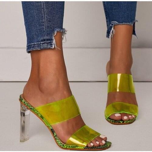 JINJOE shoes women PVC Transparent Slippers Summer Shallow Mouth Wear Open Toe Square With High Heel lady Slippers crystal heel