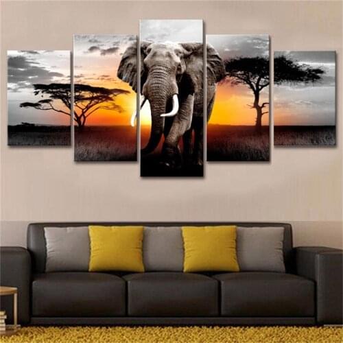 Canvas Pictures Home Decor 5 Piece Walking Elephant Sunset Africa Grassland Scenery Painting Prints Poster Living Room Wall Art