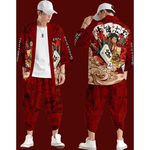 Men Japanese Kimono Cardigan Obi Yukata Mens Haori Japanese Red Print Coat And Pant Traditional Japan Clothing