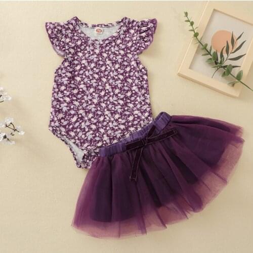 FOCUSNORM 2pcs Summer Baby Girls Clothes Sets Flowers Printed Ruffles Sleeve Romper Tops Lace Tutu Skirts 0-24M