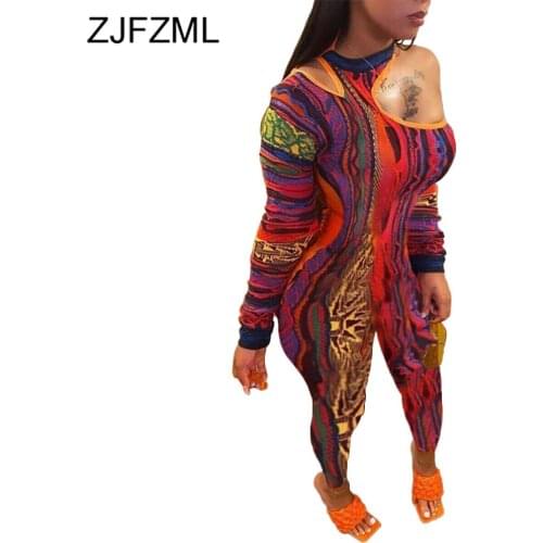 Tie Dyeing Print Vintage Skinny Romper Women Fashion One Shoulder Long Sleeve Pencil Jumpsuit Autumn Female Party Club Overalls
